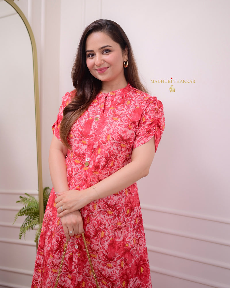 Carrot Floral Cotton A Line Dress