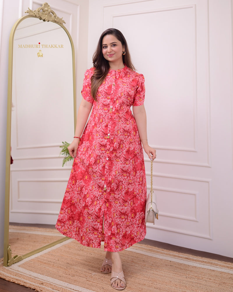 Carrot Floral Cotton A Line Dress