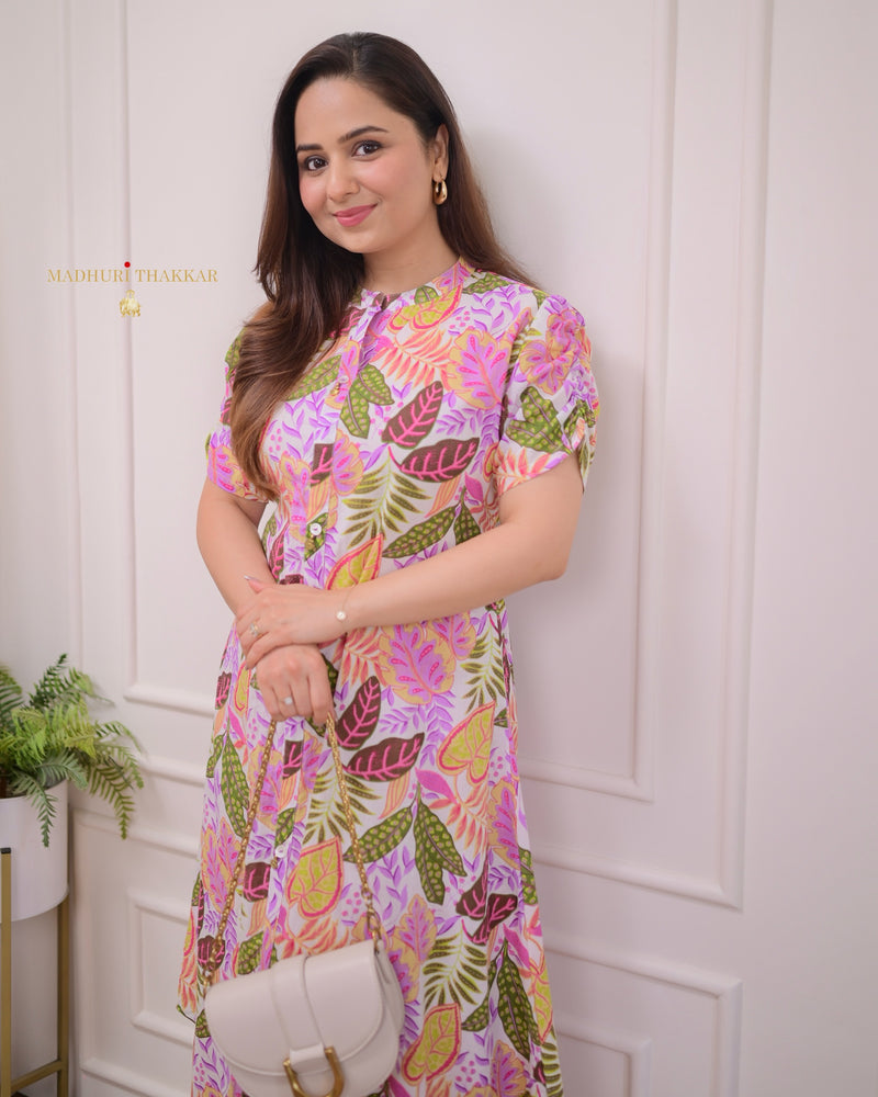 Ivory Lilac Botanical Cotton A Line Dress