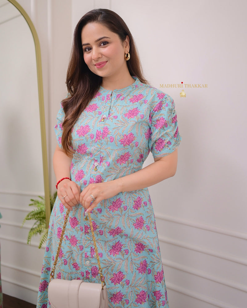 Powder Blue Pink Lotus Cotton A Line Dress
