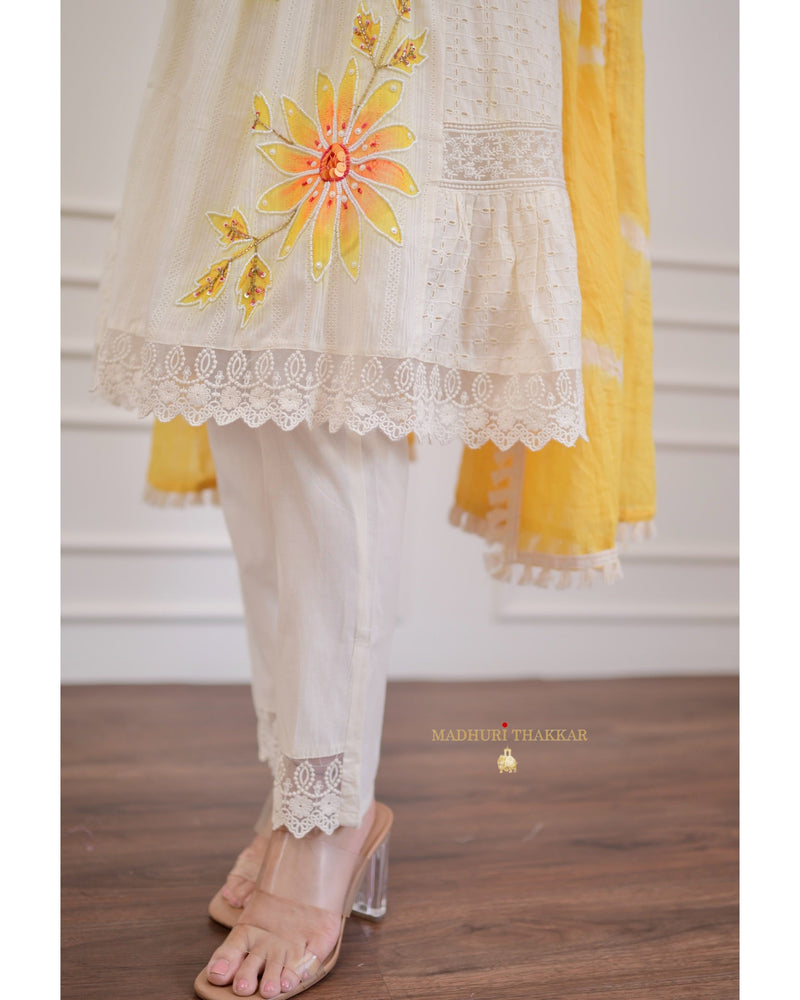 Ivory Yellow A-line Handwork Pakistani Suit
