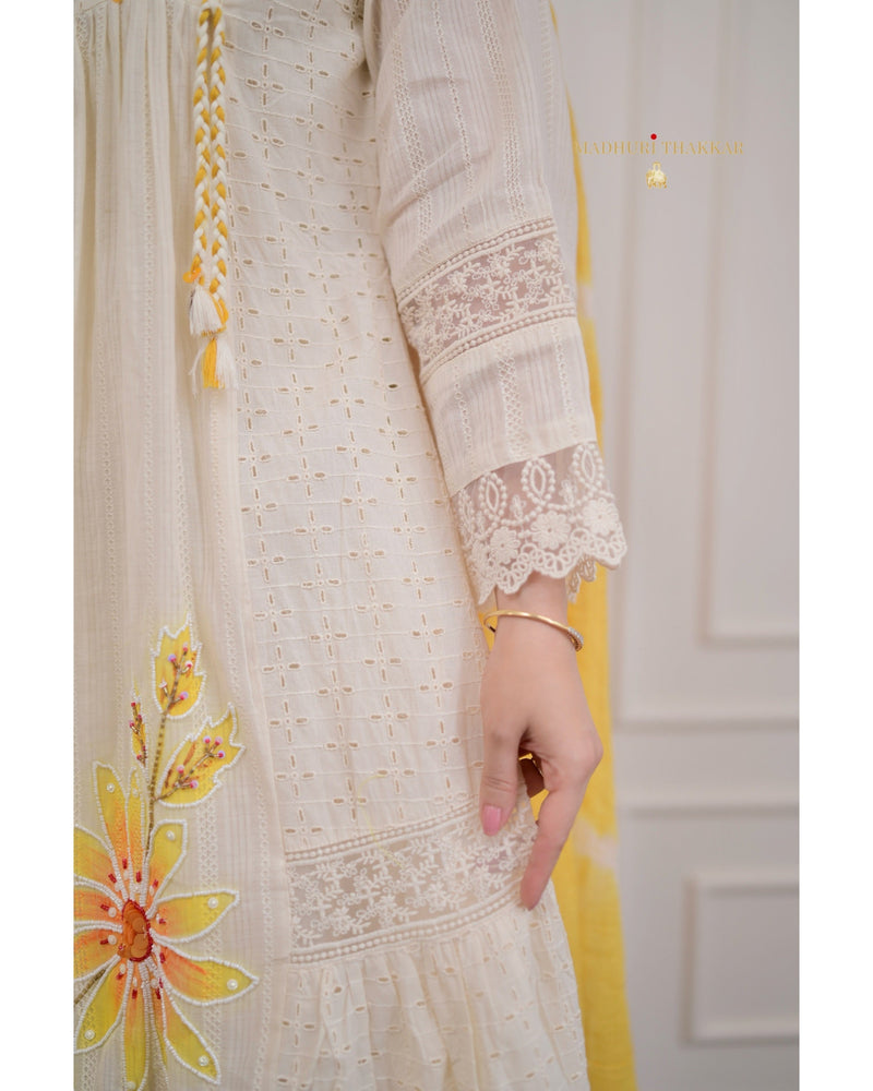 Ivory Yellow Handwork 3 PC Pakistani A Line Cotton Suit Set For Women Label Madhuri Thakkar Ivory Yellow Handwork 3 PC Pakistani A Line Cotton Suit Set For Women Label Madhuri Thakkar