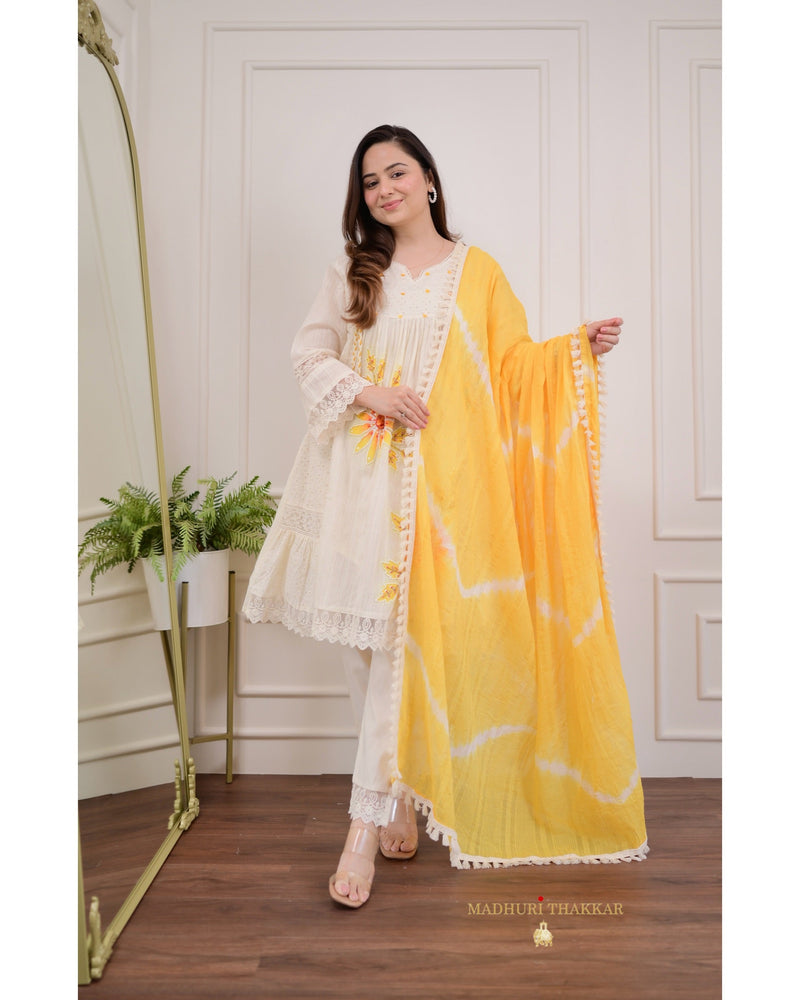 Ivory Yellow Handwork 3 PC Pakistani A Line Cotton Suit Set For Women Label Madhuri Thakkar Ivory Yellow Handwork 3 PC Pakistani A Line Cotton Suit Set For Women Label Madhuri Thakkar