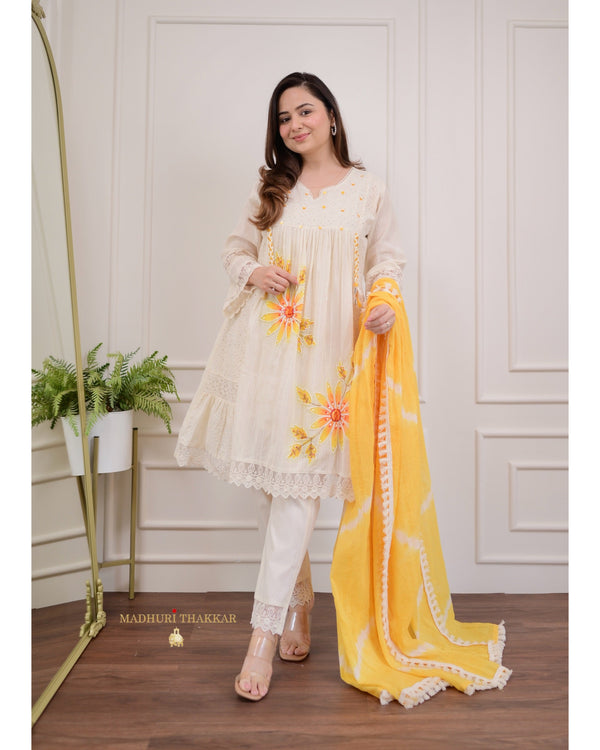 Ivory Yellow A-line Handwork Pakistani Suit