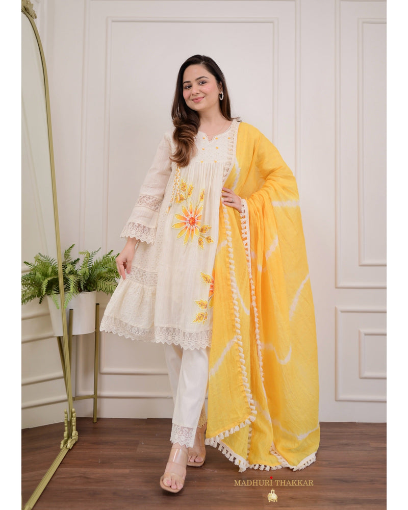Ivory Yellow A-line Handwork Pakistani Suit