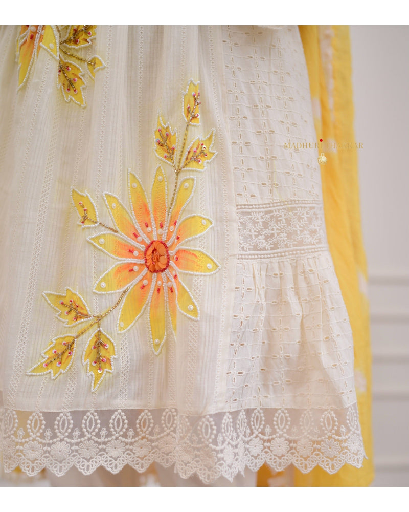 Ivory Yellow A-line Handwork Pakistani Suit