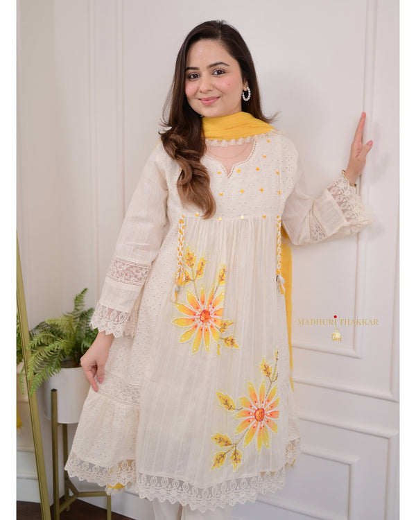 Ivory Yellow A-line Handwork Pakistani Suit