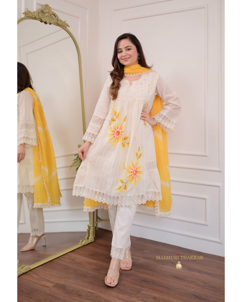 Ivory Yellow A-line Handwork Pakistani Suit