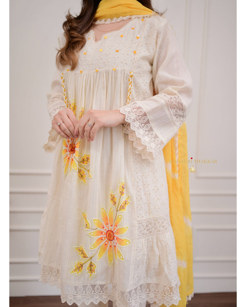 Ivory Yellow A-line Handwork Pakistani Suit