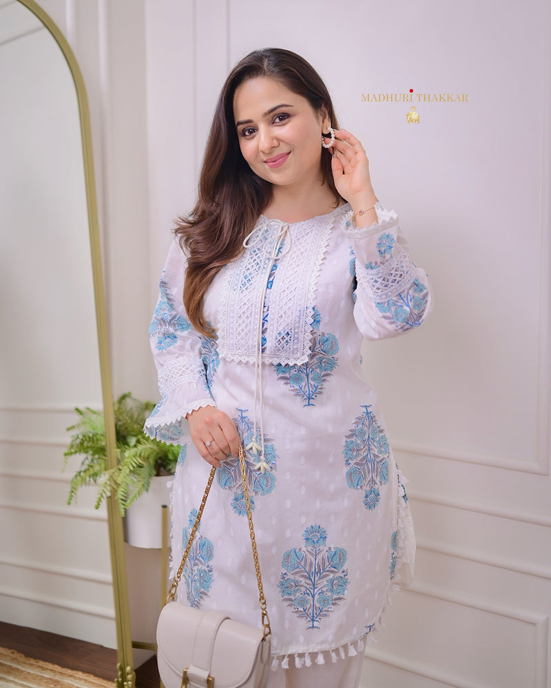 White Blue Printed Cotton Tassel Co-ord