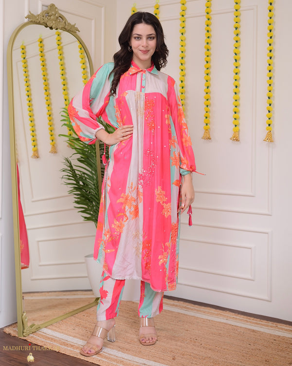 Multi Color Muslin Handwork Co-ord Set
