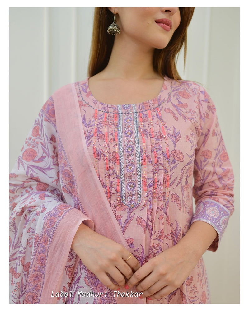 Peach Floral Kantha Suit
