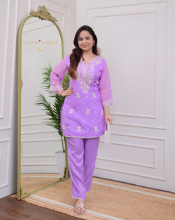 Lilac Organza Thread Embroidered Co-ord