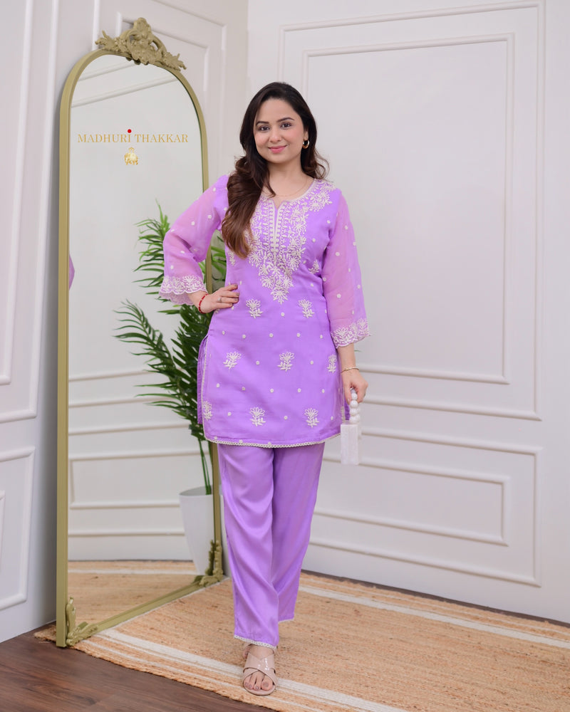 Lilac Organza Thread Embroidered Co-ord