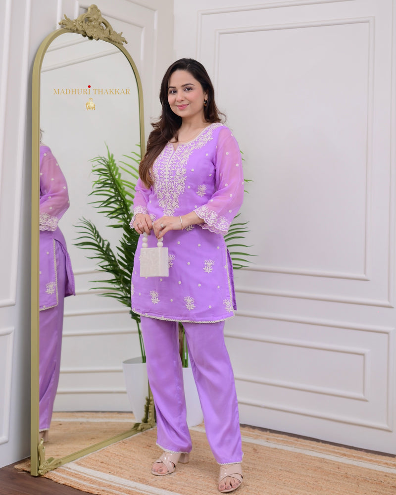 Lilac Organza Thread Embroidered Co-ord
