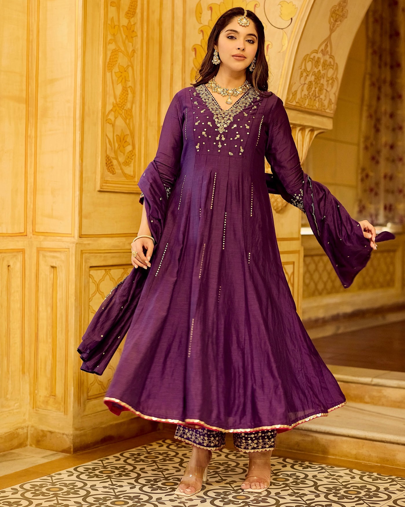 Shahi Jamuni Handwork Mul Chanderi Festive A Line Suit