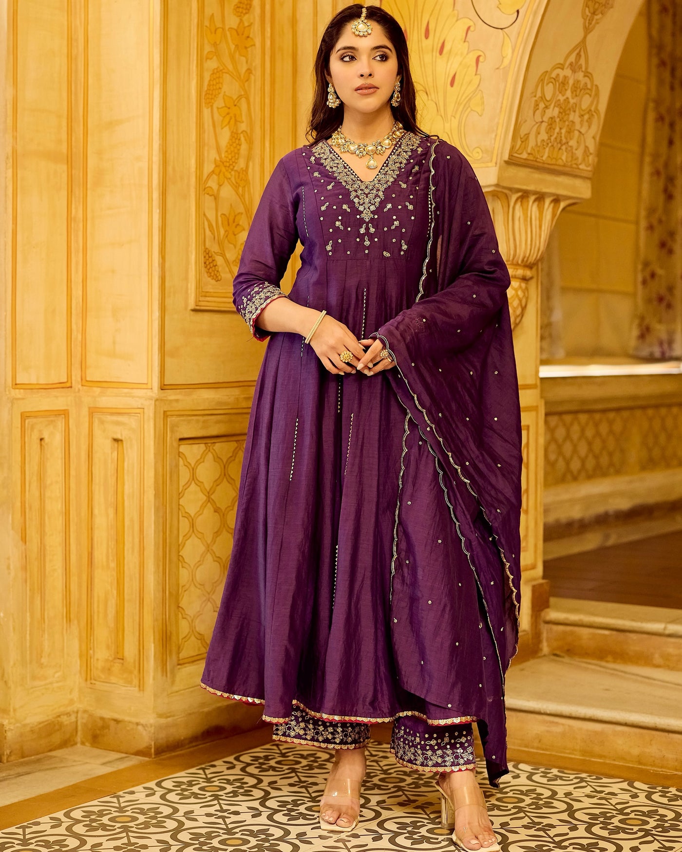Shahi Jamuni Handwork Mul Chanderi Festive A Line Suit