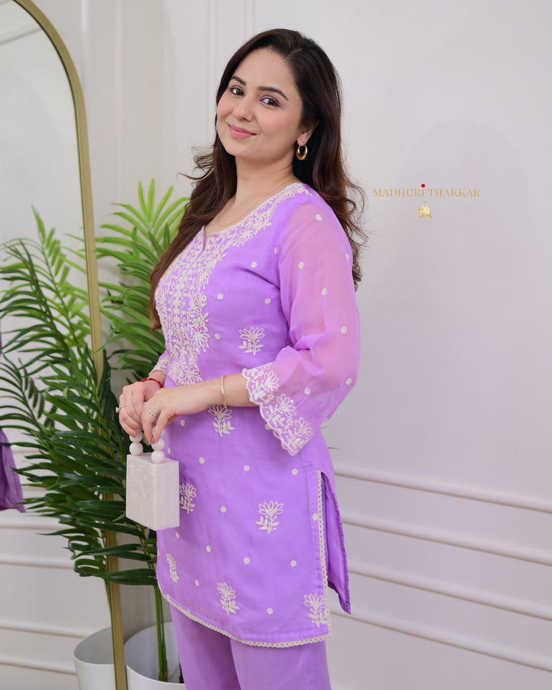 Lilac Organza Thread Embroidered Co-ord
