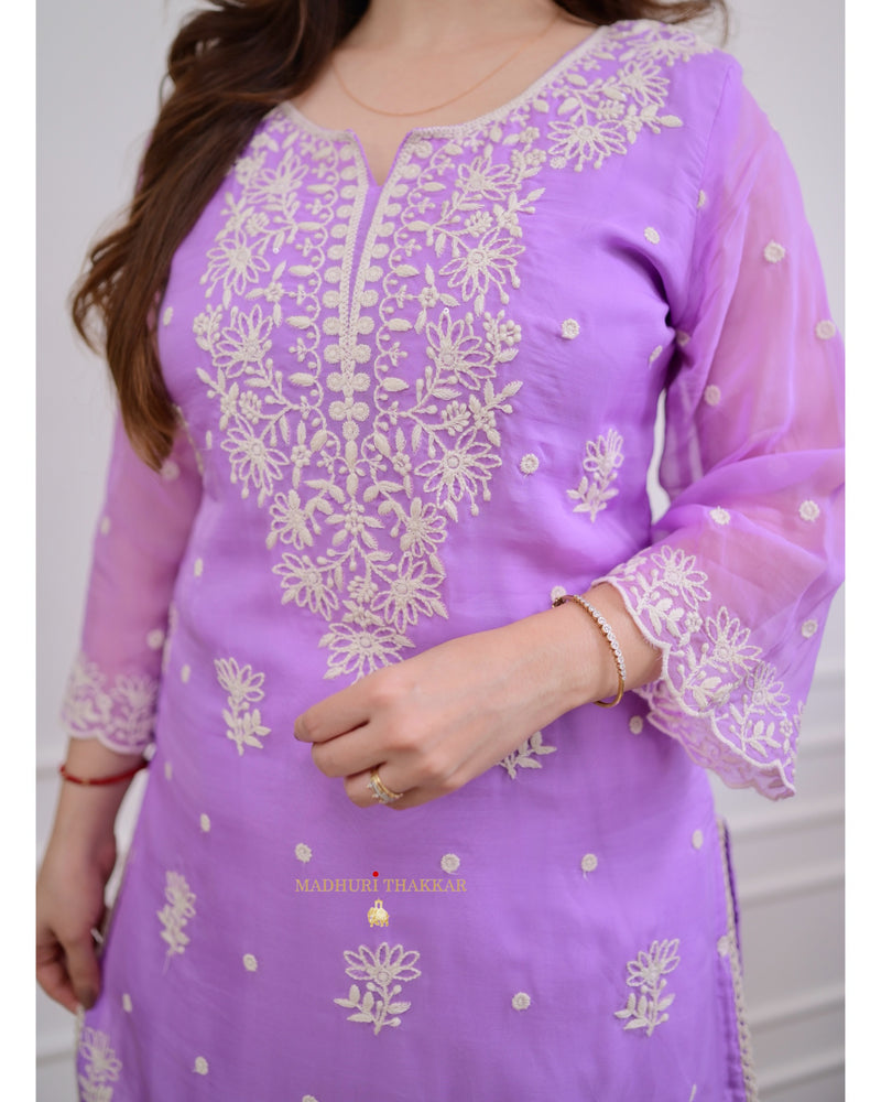 Lilac Organza Thread Embroidered Co-ord