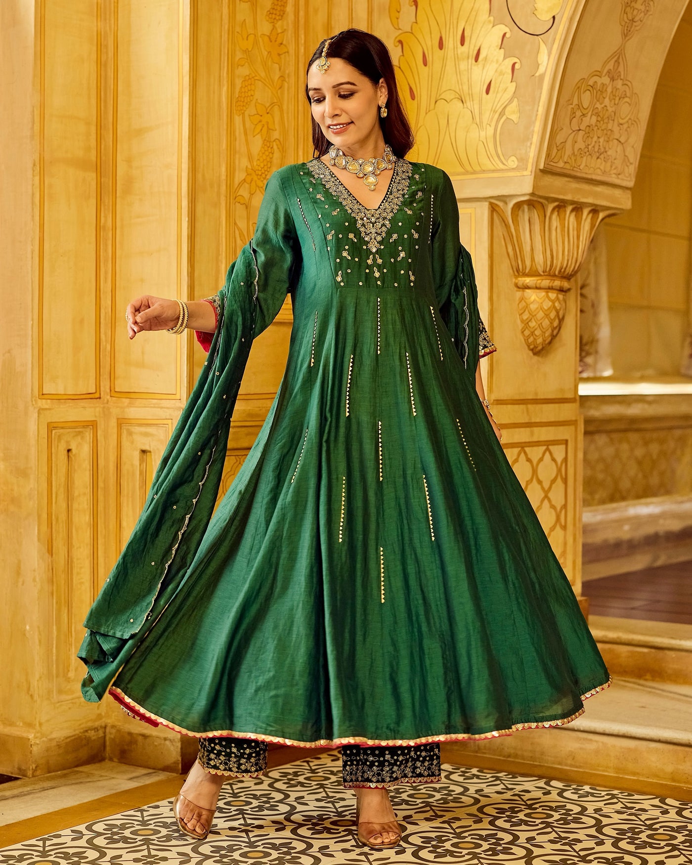 Emerald Noor Handwork Mul Chanderi Festive A Line Suit