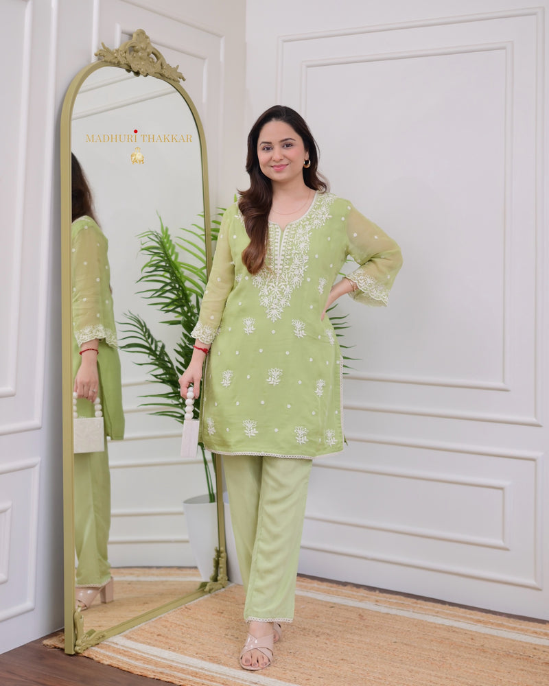 Green Organza Thread Embd Co-ord
