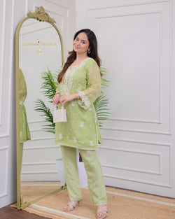 Green Organza Thread Embd Co-ord