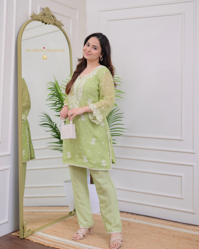 Green Organza Thread Embd Co-ord