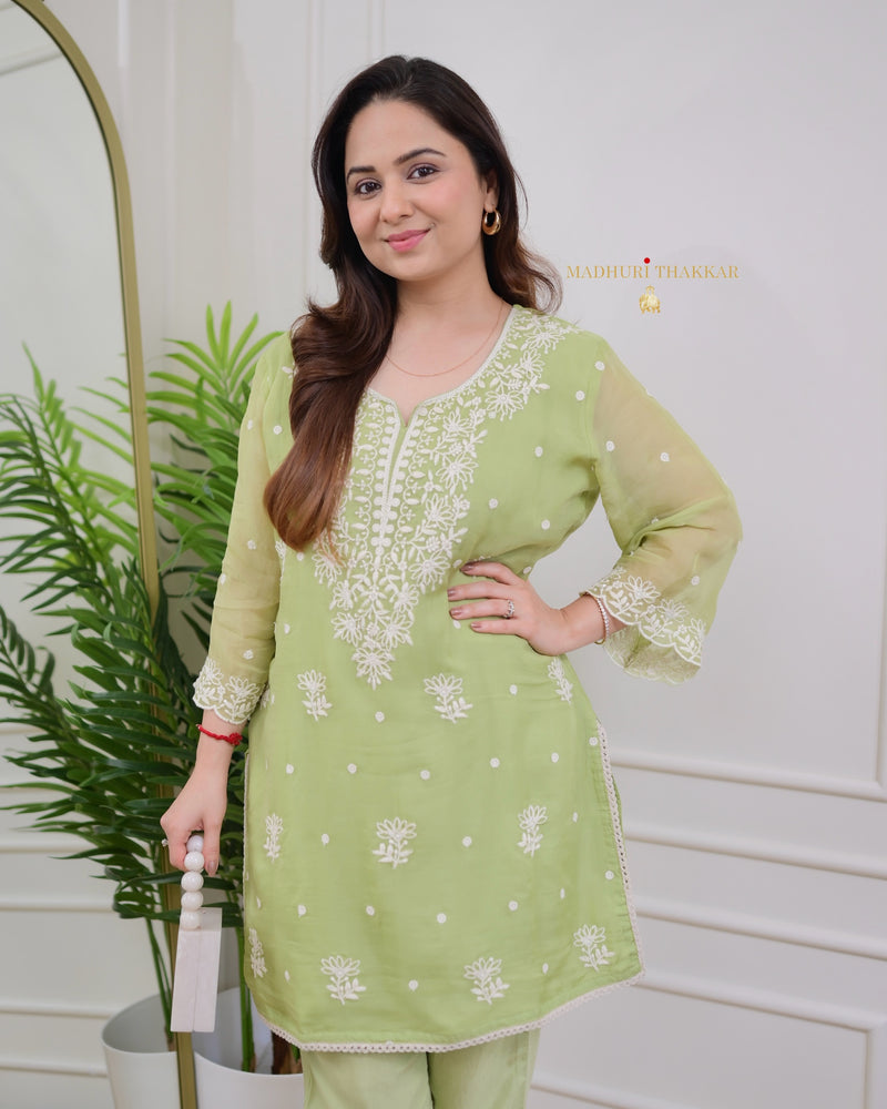 Green Organza Thread Embd Co-ord