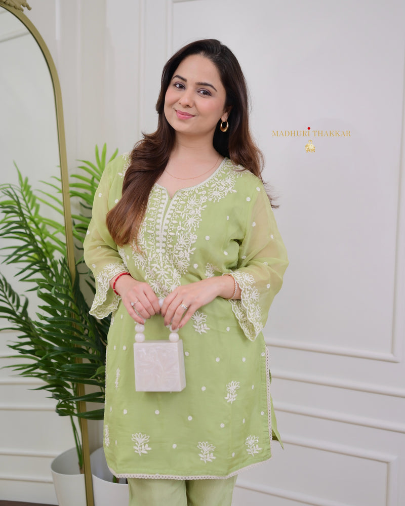 Green Organza Thread Embd Co-ord