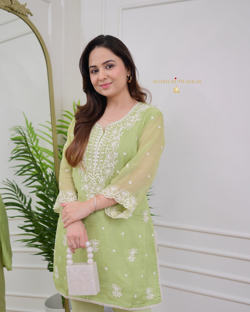 Green Organza Thread Embd Co-ord