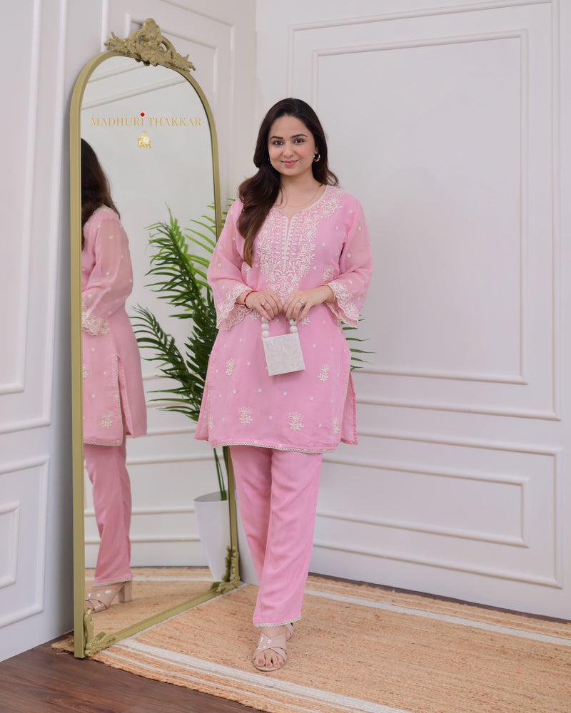Pink Organza Thread Embroidered Co-ord