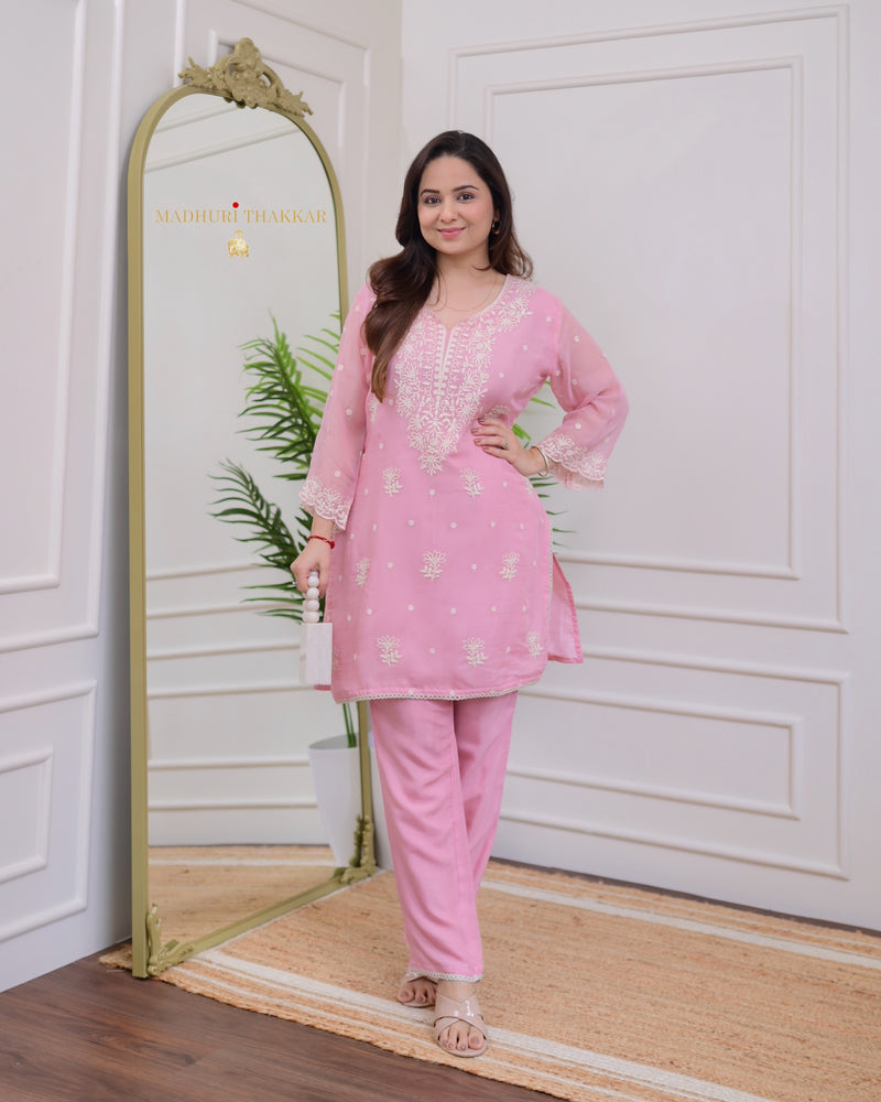 Pink Organza Thread Embroidered Co-ord