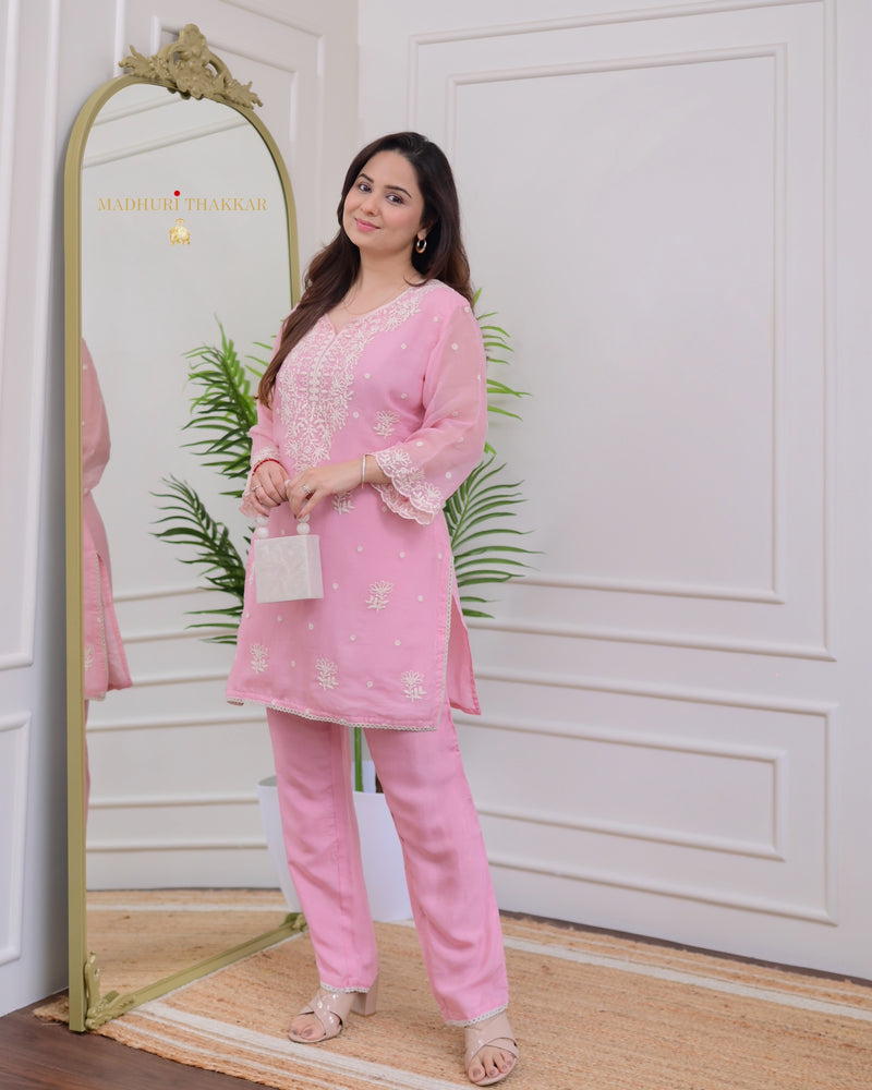 Pink Organza Thread Embroidered Co-ord