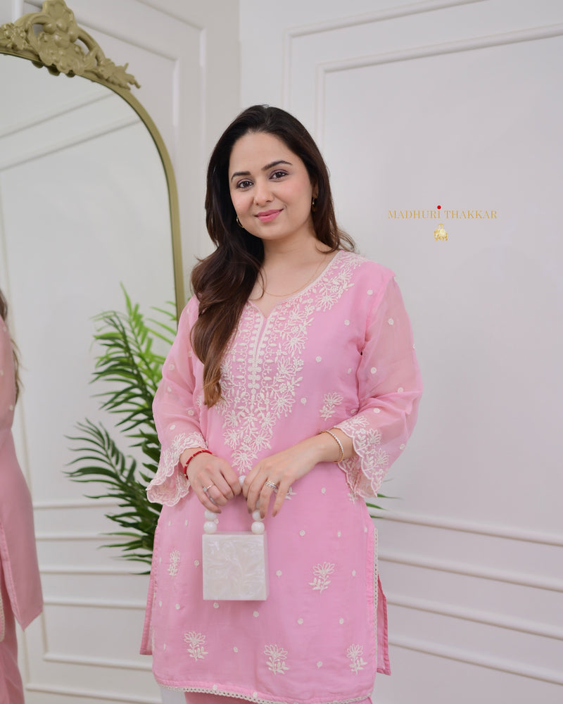 Pink Organza Thread Embroidered Co-ord