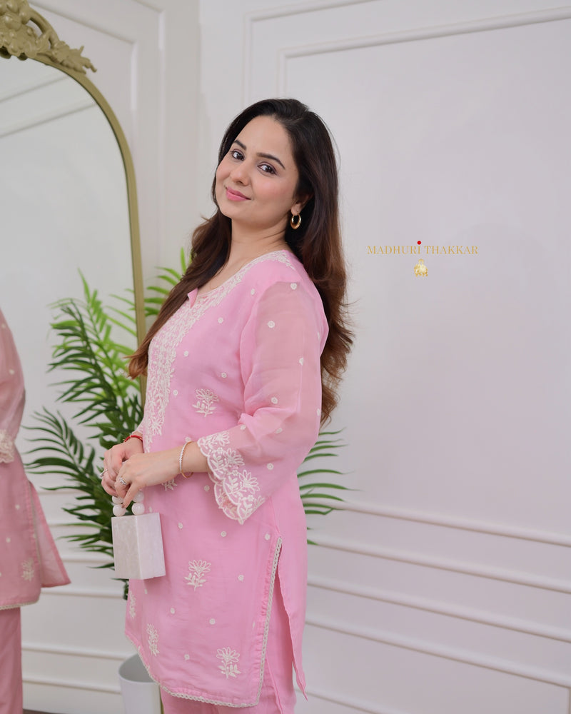 Pink Organza Thread Embroidered Co-ord