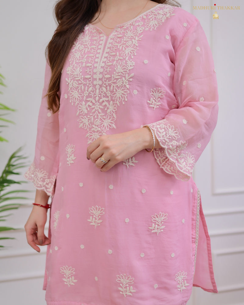 Pink Organza Thread Embroidered Co-ord