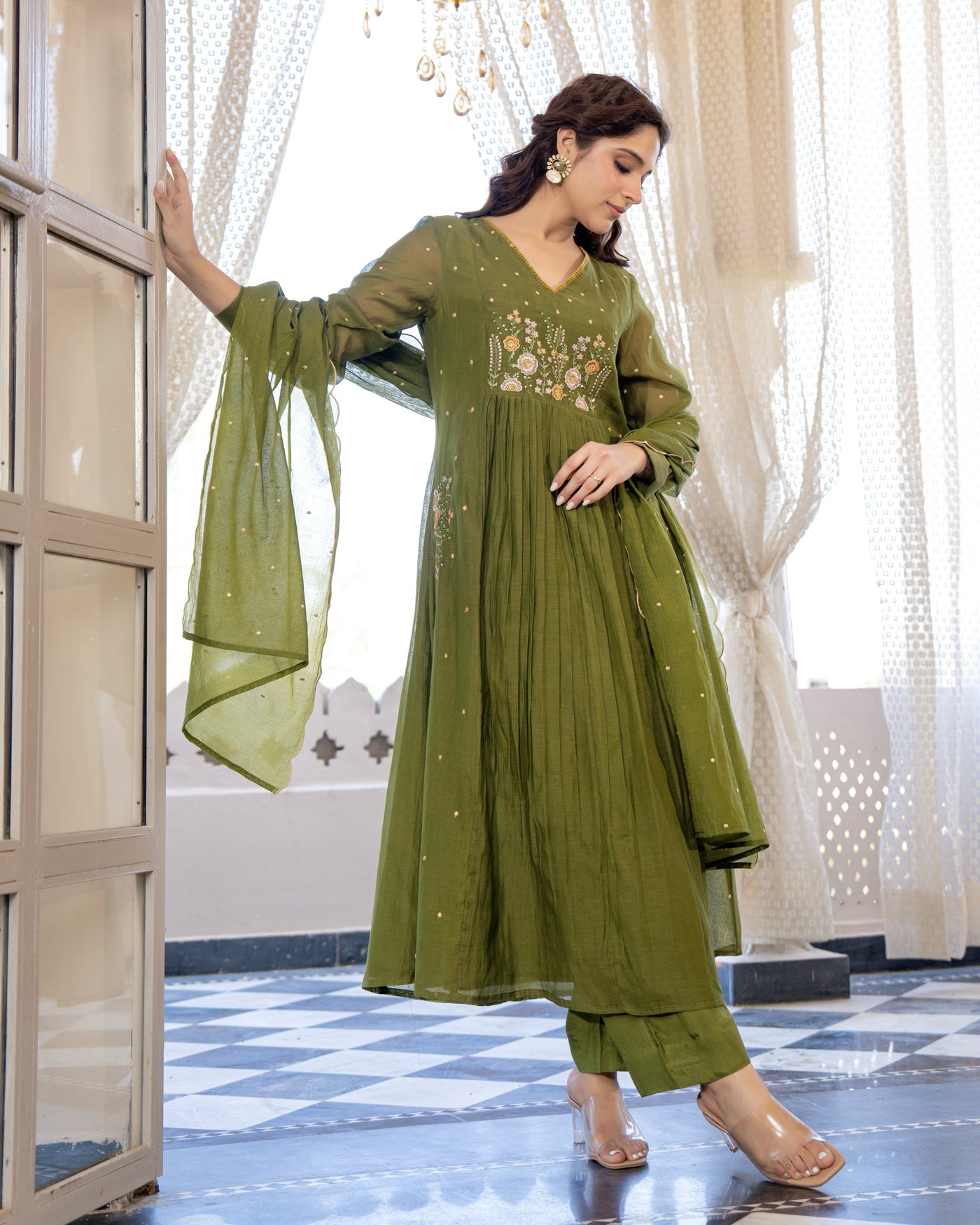 Olive Charm Handwork Mul Chanderi A Line Suit