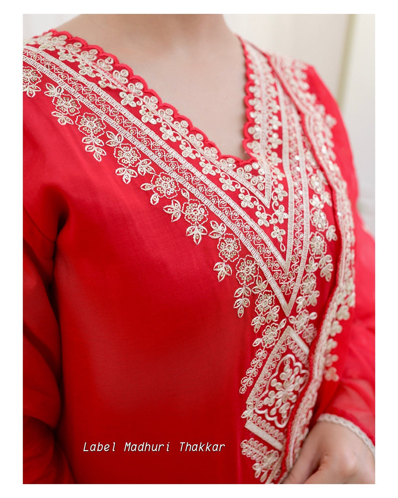 Red Muslin Embroidered Suit