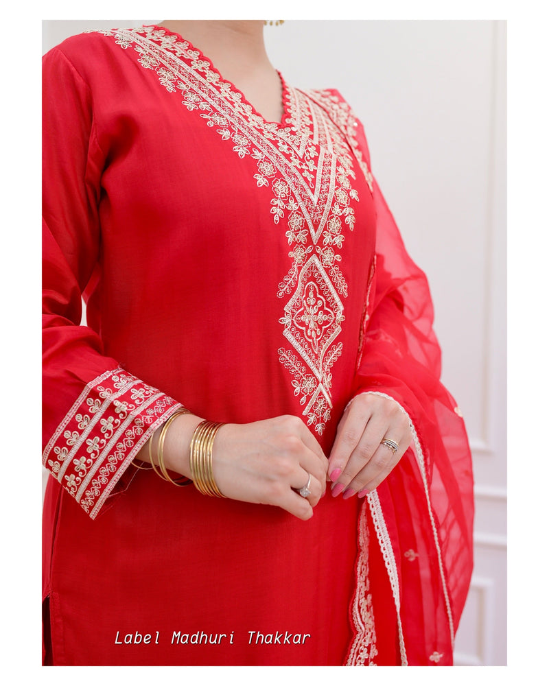 Red Muslin Embroidered Suit