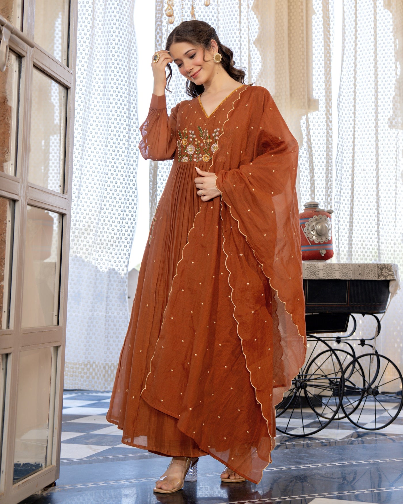 Terracotta Charm Handwork Mul Chanderi A Line Suit