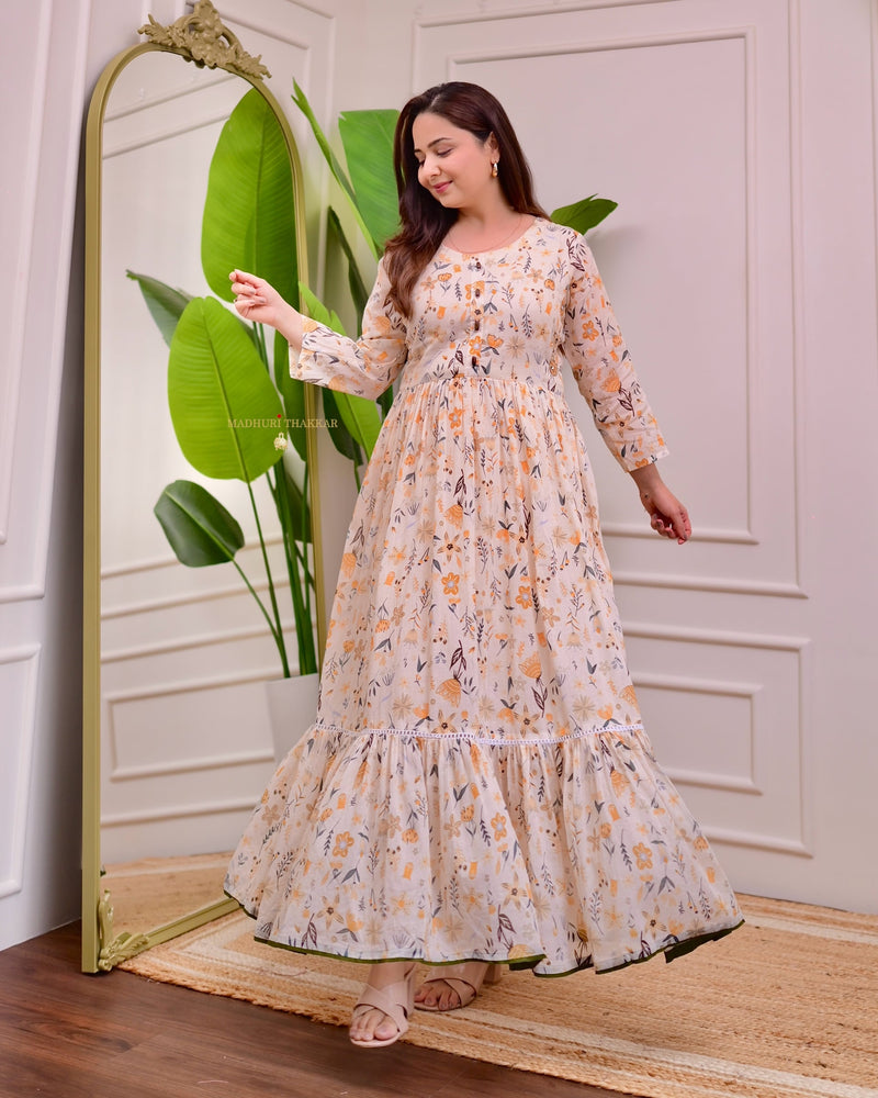 Ivory Floral Pearl Work Pure Mul Cotton A Line Maxi Dress For Women Label Madhuri Thakkar Ivory Floral Pearl Work Pure Mul Cotton A Line Maxi Dress For Women Label Madhuri Thakkar