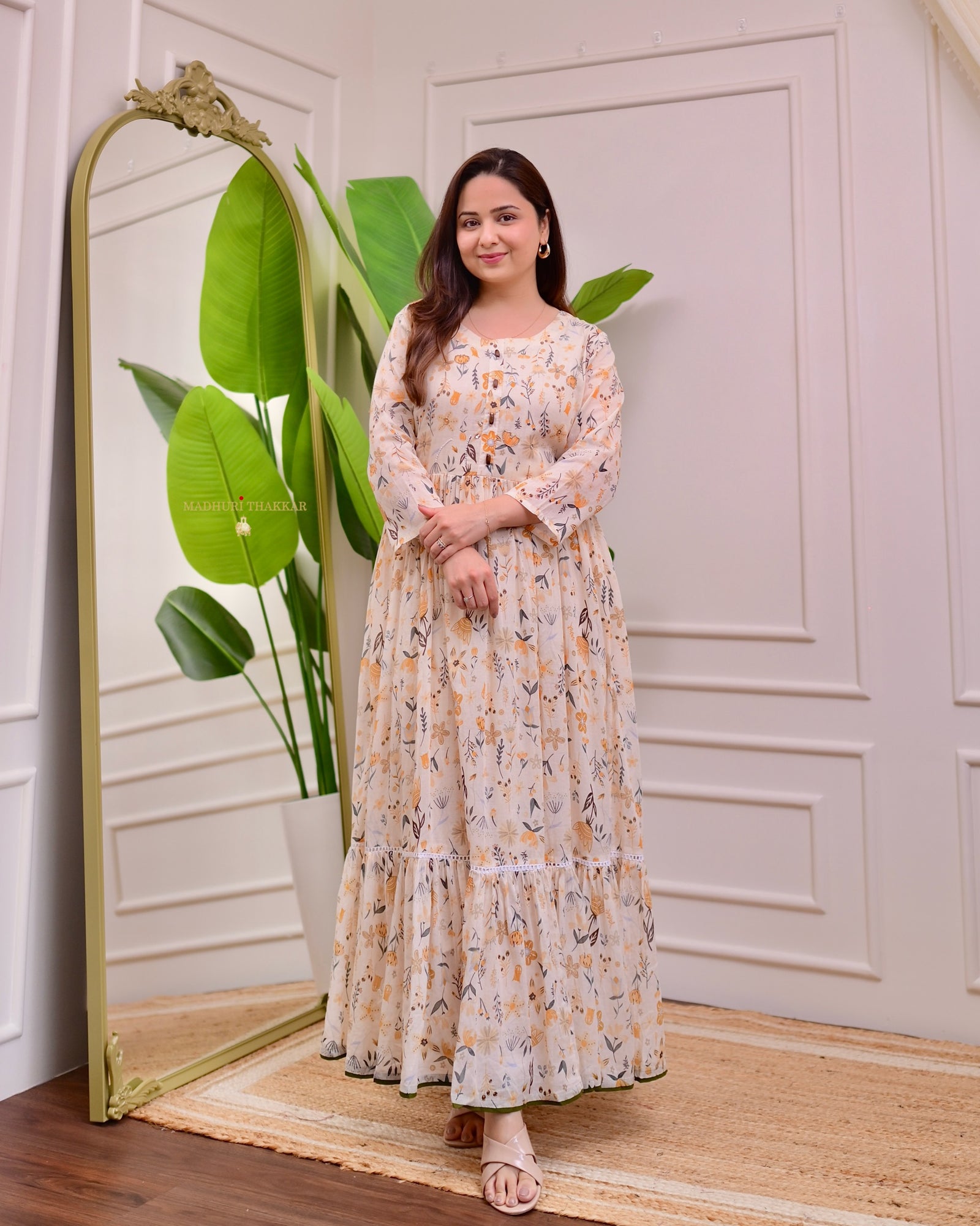 Ivory Floral Pearl Work Pure Mul Cotton A Line Maxi Dress For