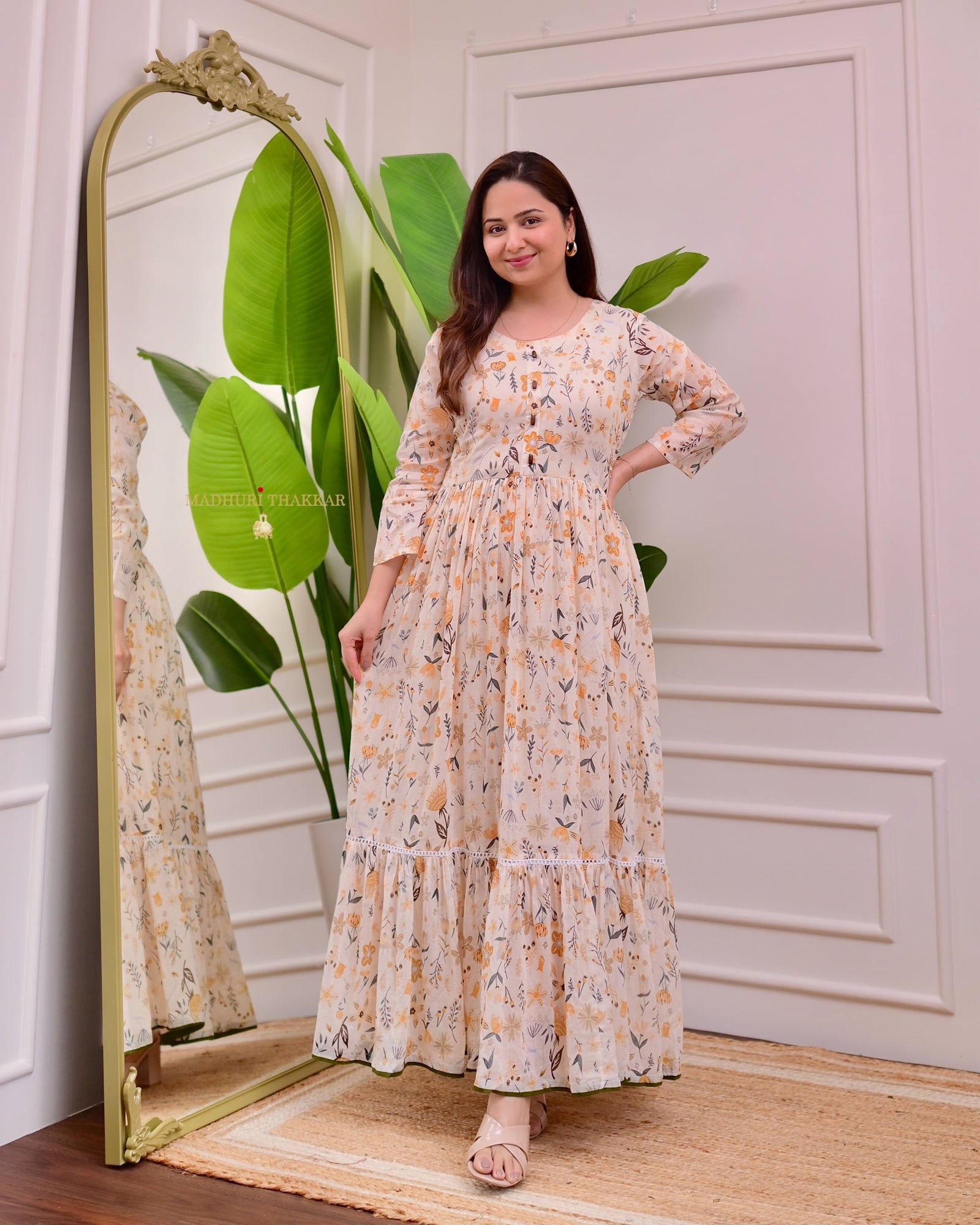 Ivory Floral Pearl Work Pure Mul Cotton A Line Maxi Dress For Women – Label  Madhuri Thakkar