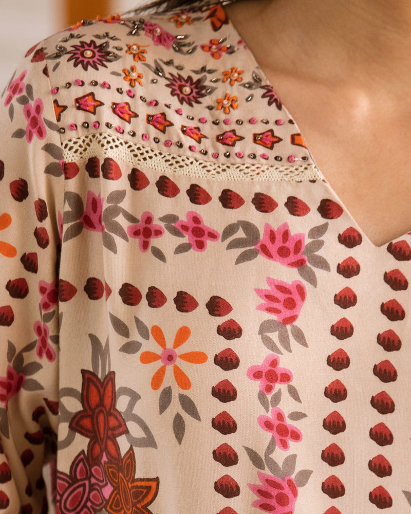 Ivory Autumn Garden Cotton A Line Kurta Palazzo Set