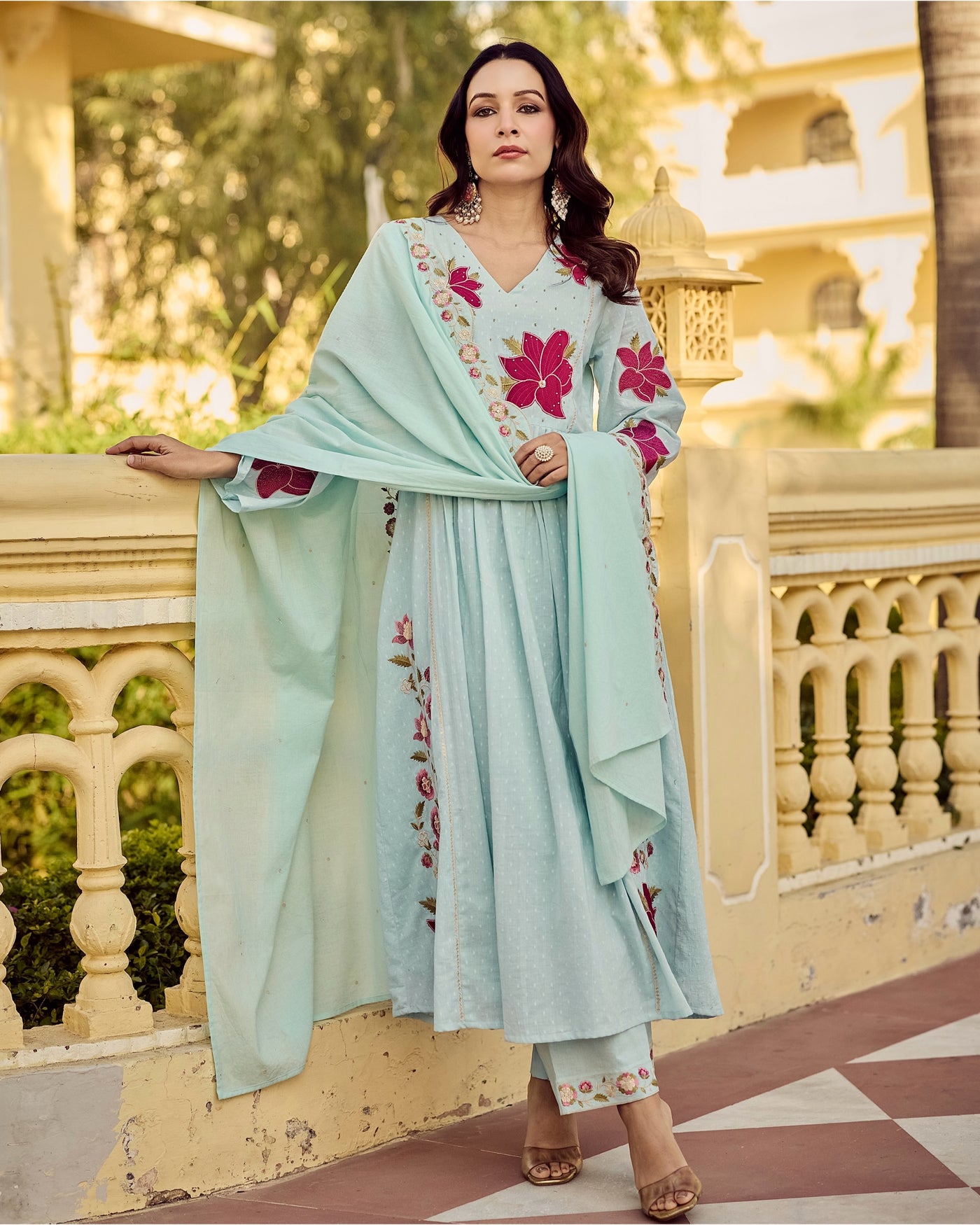 Aqua Blooming Breeze Threadwork Cotton A Line Suit