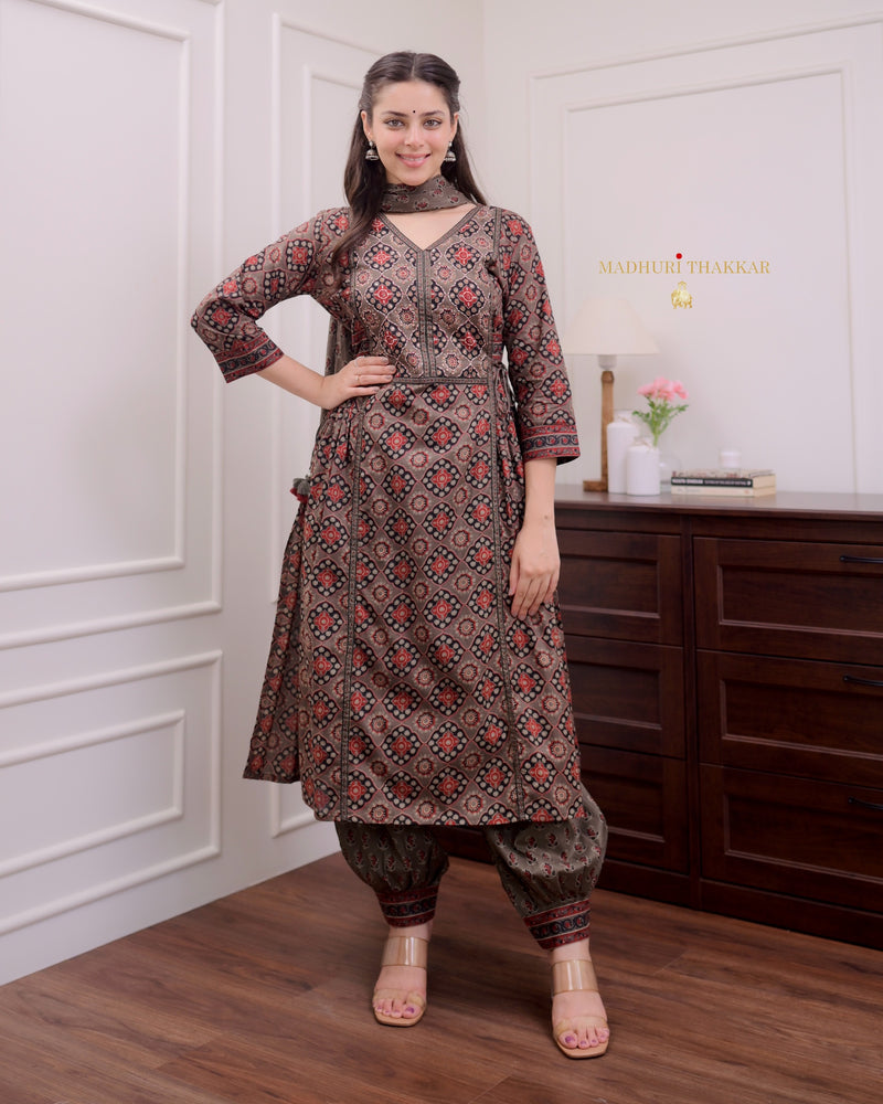 Brown Threadwork Printed Cotton Afghani Suit