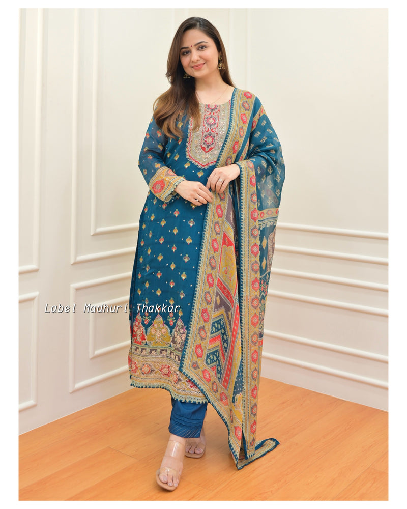 Rama Blue Handwork Organza Suit