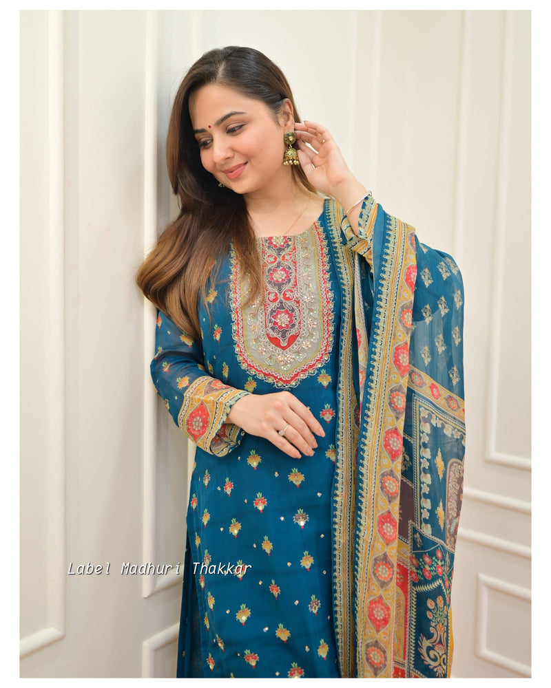 Rama Blue Handwork Organza Suit