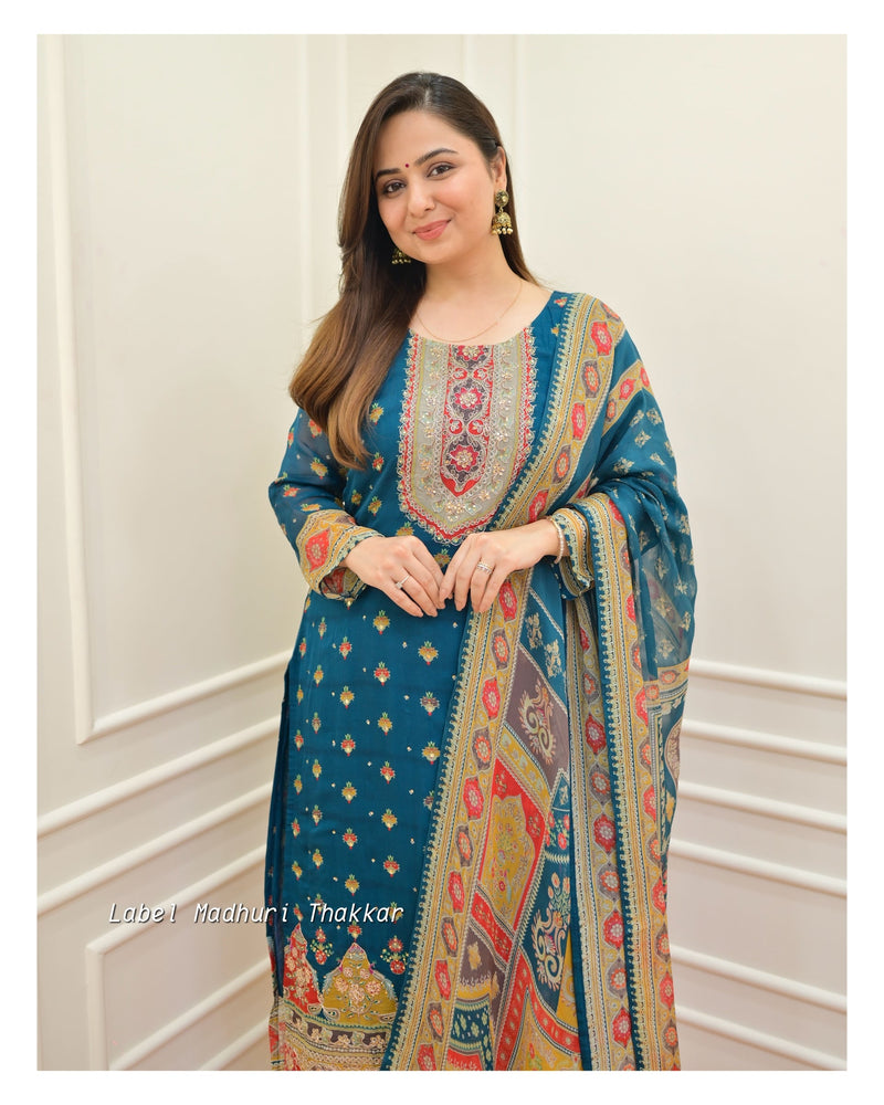 Rama Blue Handwork Organza Suit