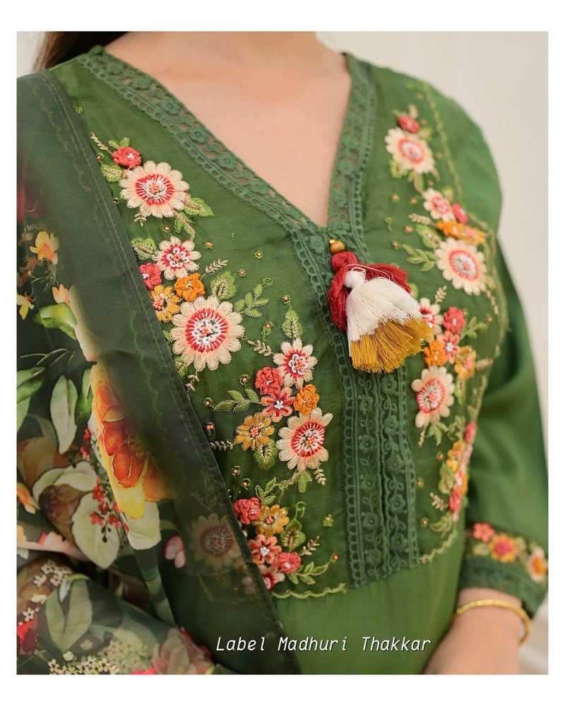 Green Threadwork A Line Silk Suit